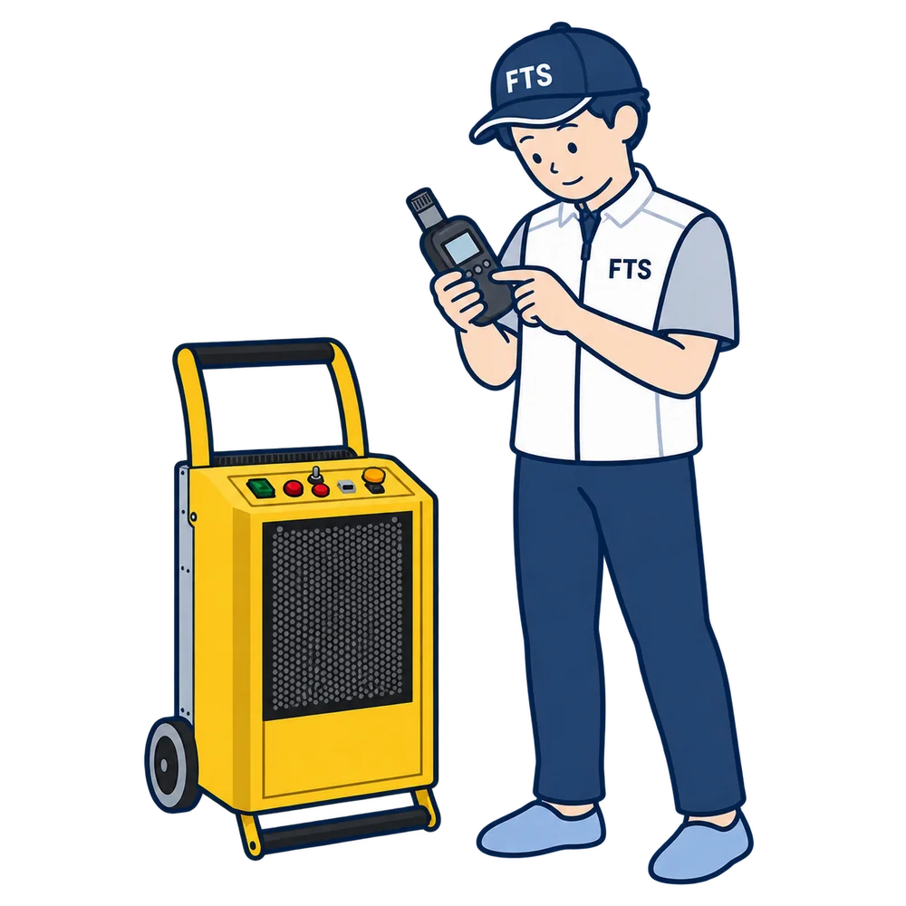 脱臭機の横でニオイセンサーを確認するスタッフのイラスト
