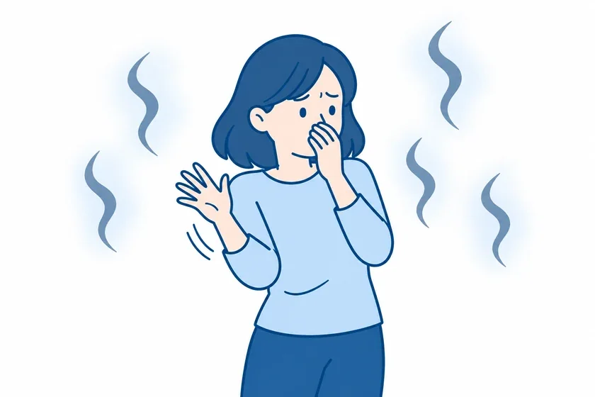 室内のニオイに困っている女性のイラスト