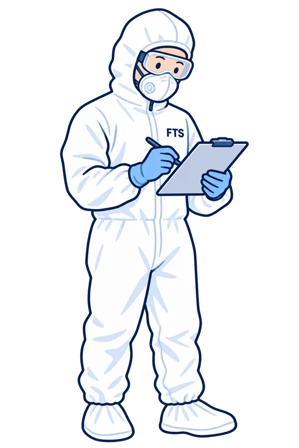 防護服を着用し衛生面を確認するスタッフ